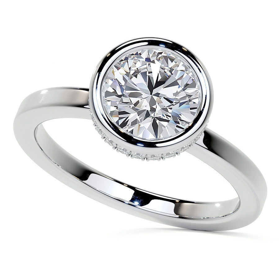 Bezel Set Round Brilliant Moissanite Engagement Ring with Hidden Halo