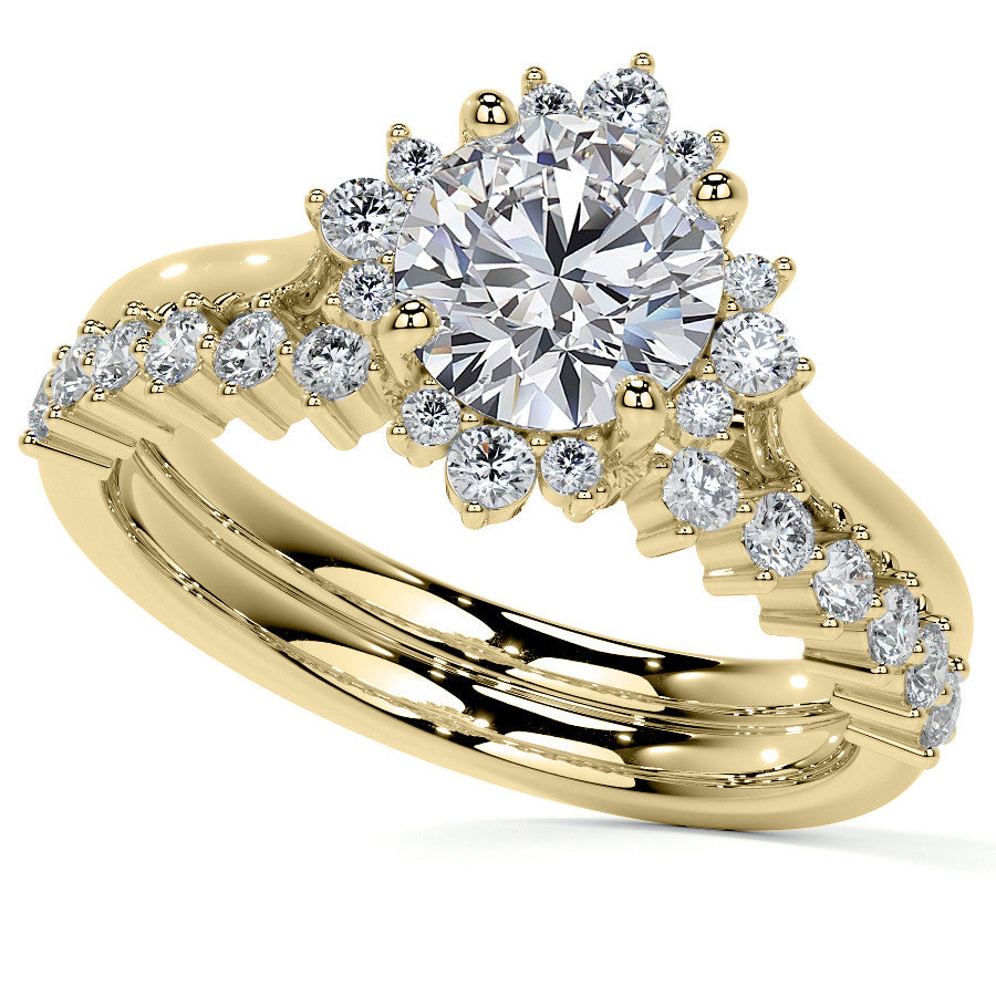 Cluster Style Halo Round Brilliant Moissanite Cathedral Engagement Ring