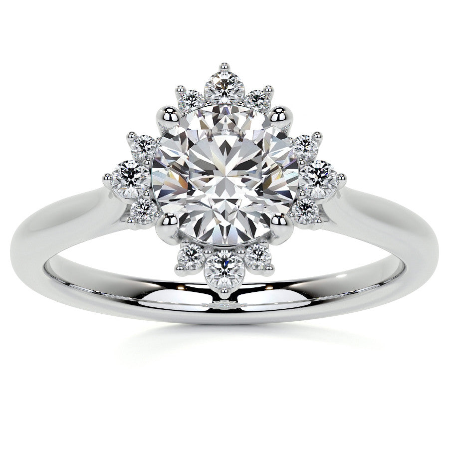 Cluster Style Halo Round Brilliant Moissanite Cathedral Engagement Ring