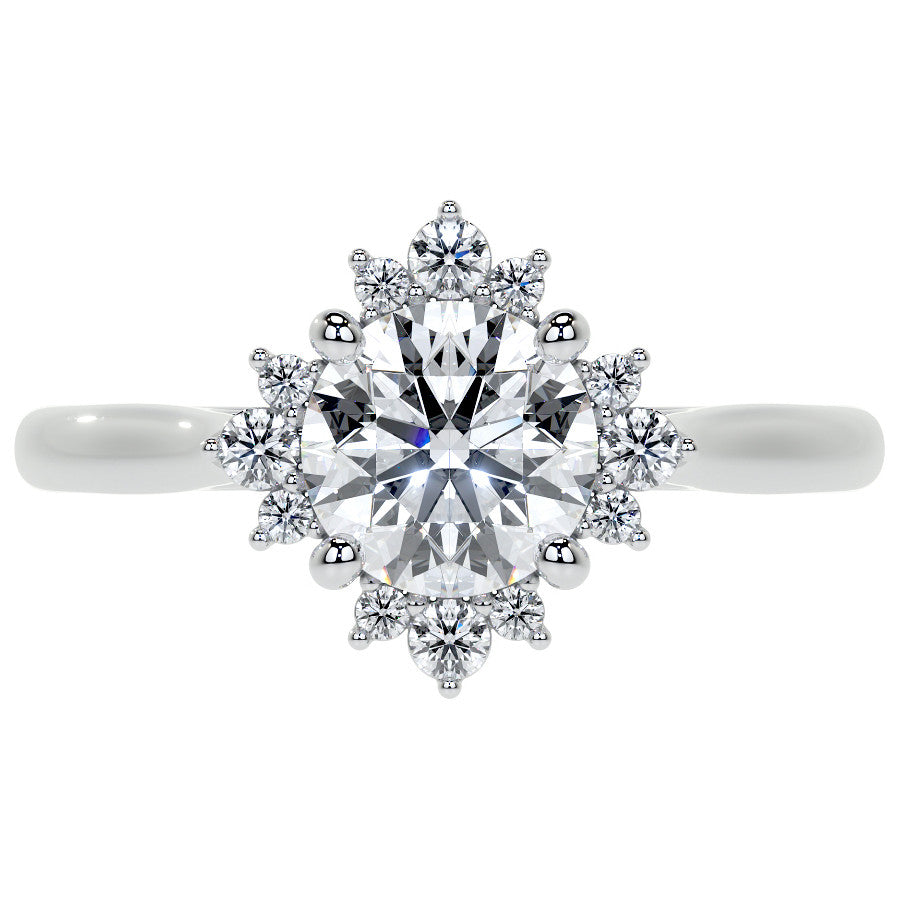 Cluster Style Halo Round Brilliant Moissanite Cathedral Engagement Ring