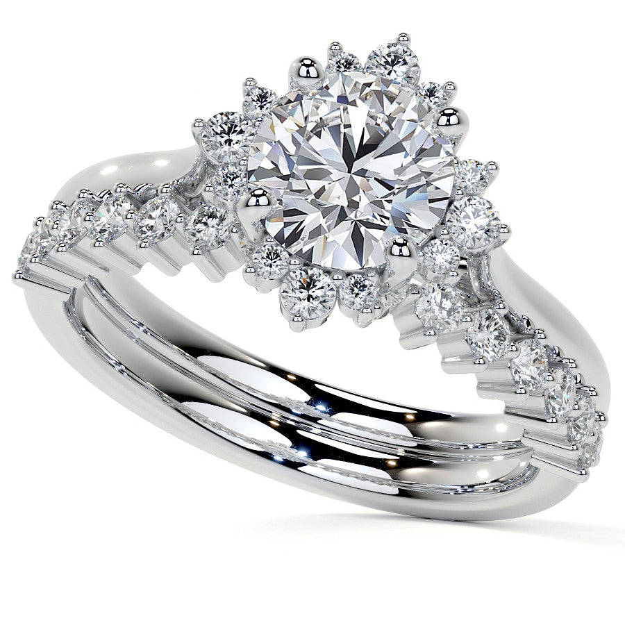 Cluster Style Halo Round Brilliant Moissanite Cathedral Engagement Ring