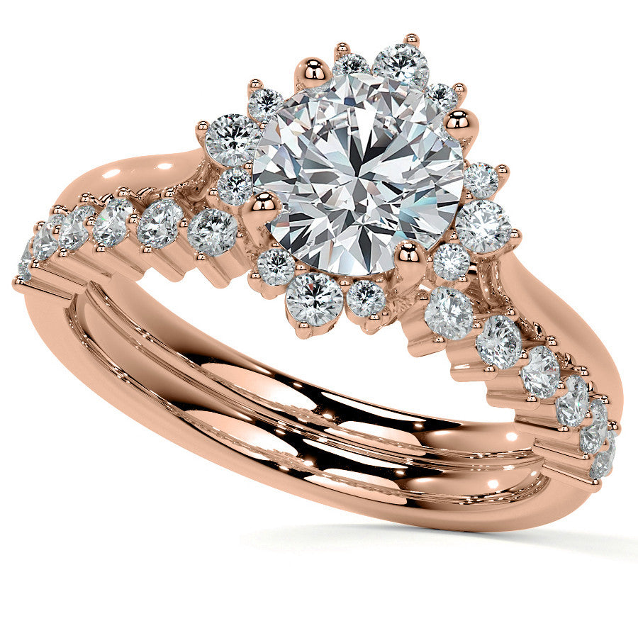 Cluster Style Halo Round Brilliant Moissanite Cathedral Engagement Ring