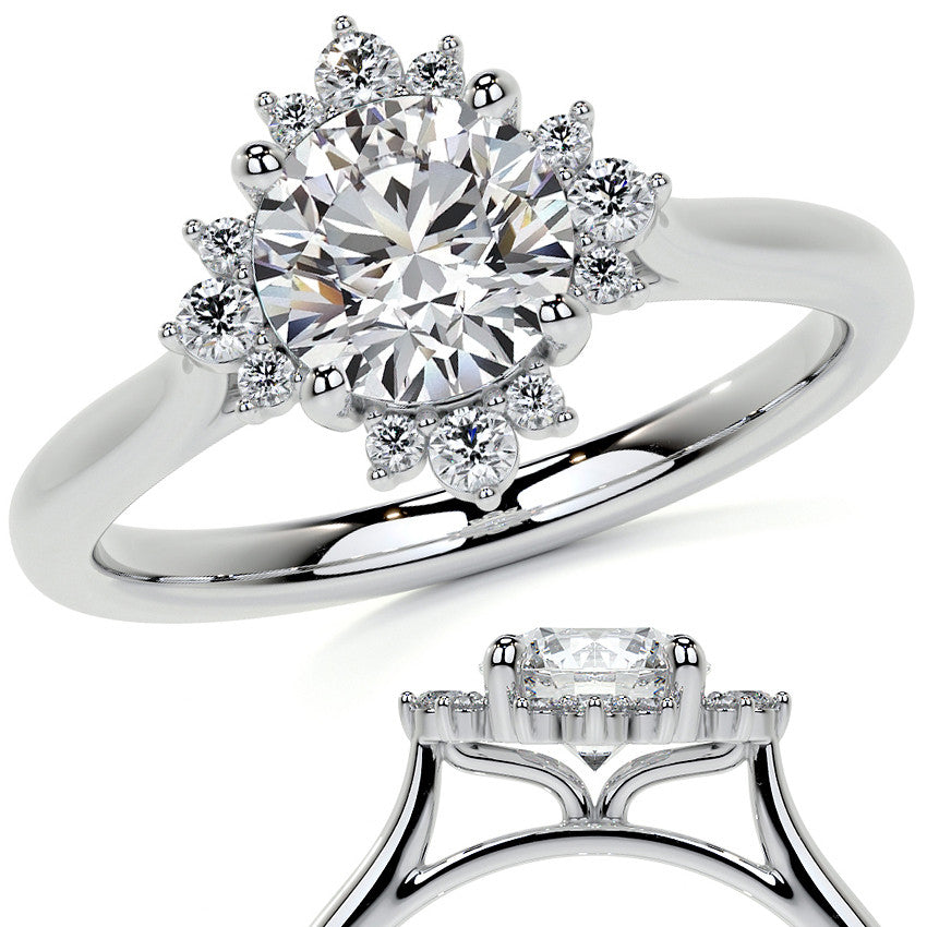 Cluster Style Halo Round Brilliant Moissanite Cathedral Engagement Ring