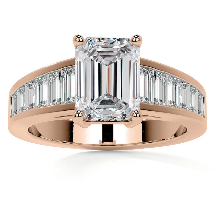 Emerald / Radiant Moissanite and Baguette Diamond Channel Engagement