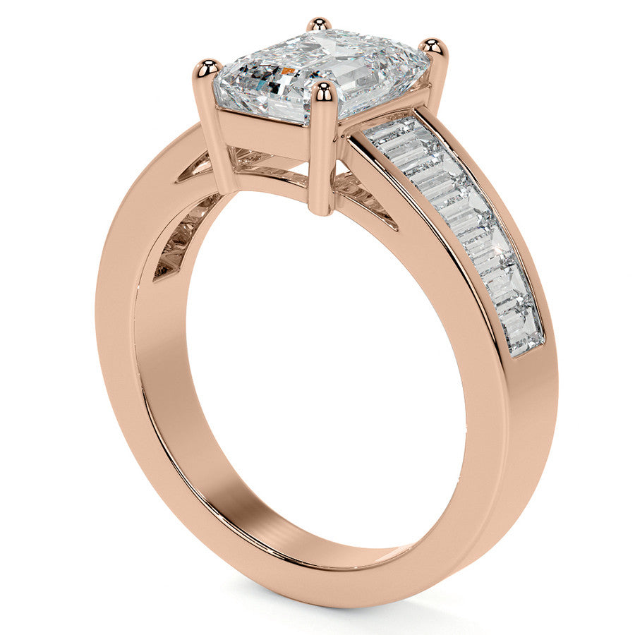 Emerald / Radiant Moissanite and Baguette Diamond Channel Engagement