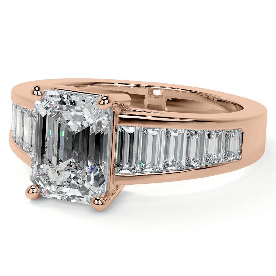 Emerald / Radiant Moissanite and Baguette Diamond Channel Engagement