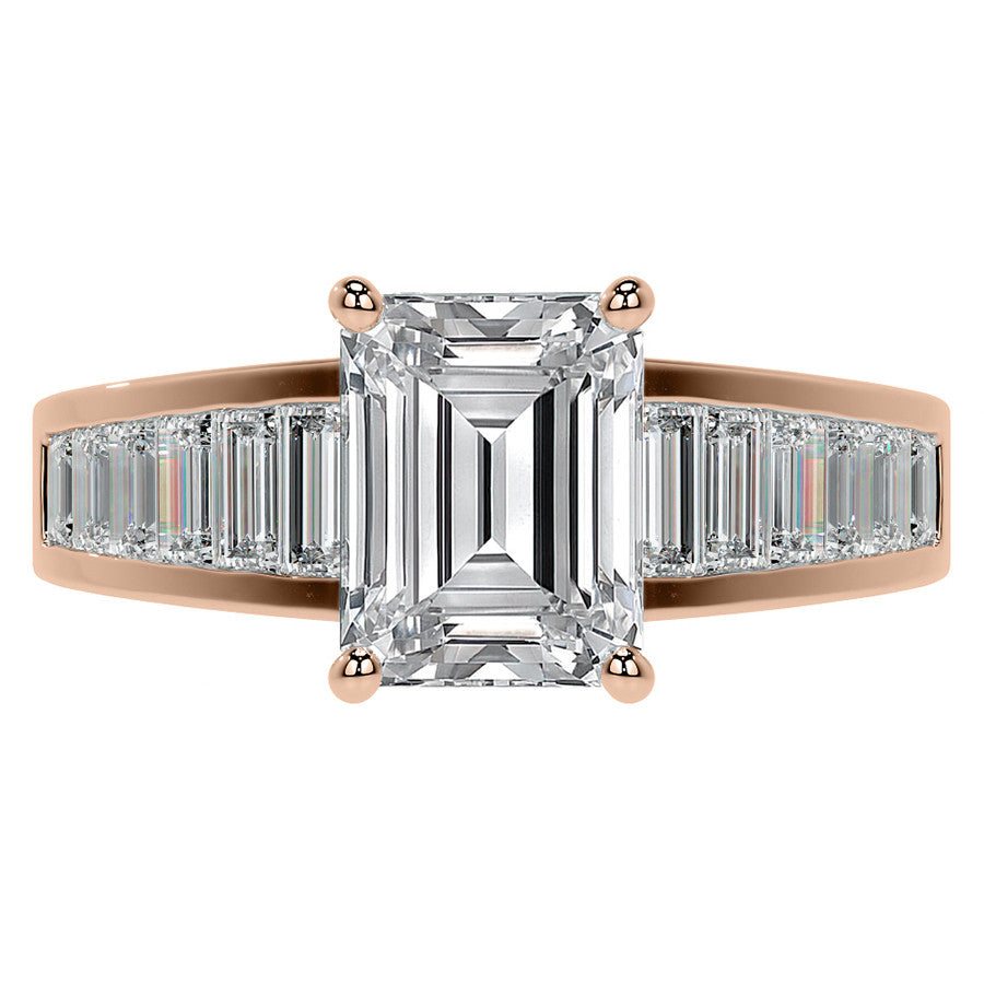 Emerald / Radiant Moissanite and Baguette Diamond Channel Engagement