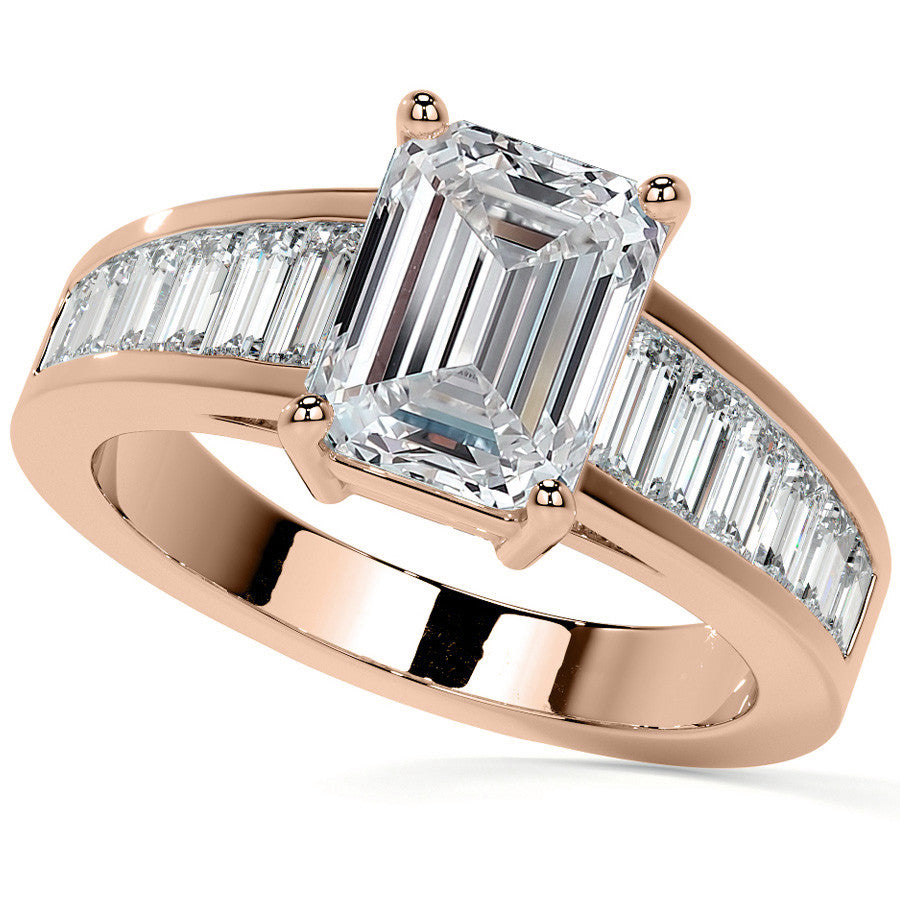 Emerald / Radiant Moissanite and Baguette Diamond Channel Engagement