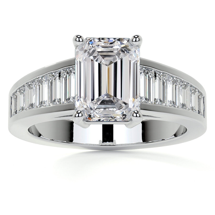 Emerald / Radiant Moissanite and Baguette Diamond Channel Engagement