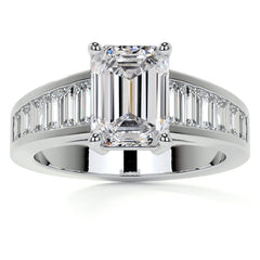 Emerald / Radiant Moissanite and Baguette Diamond Channel Engagement