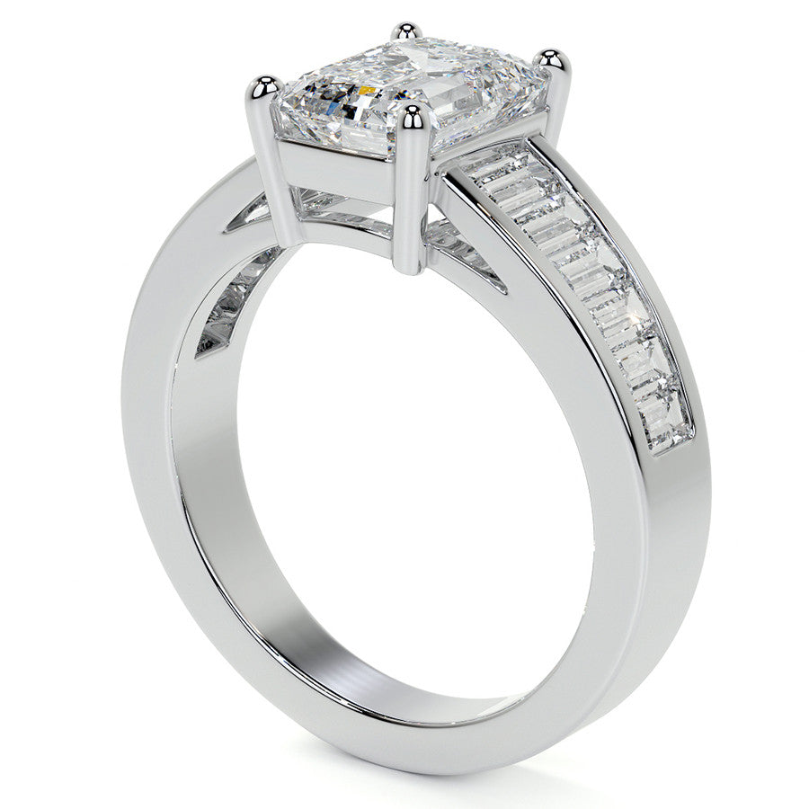 Emerald / Radiant Moissanite and Baguette Diamond Channel Engagement