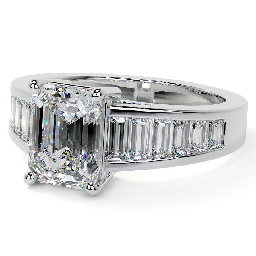 Emerald / Radiant Moissanite and Baguette Diamond Channel Engagement