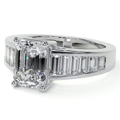 Emerald / Radiant Moissanite and Baguette Diamond Channel Engagement