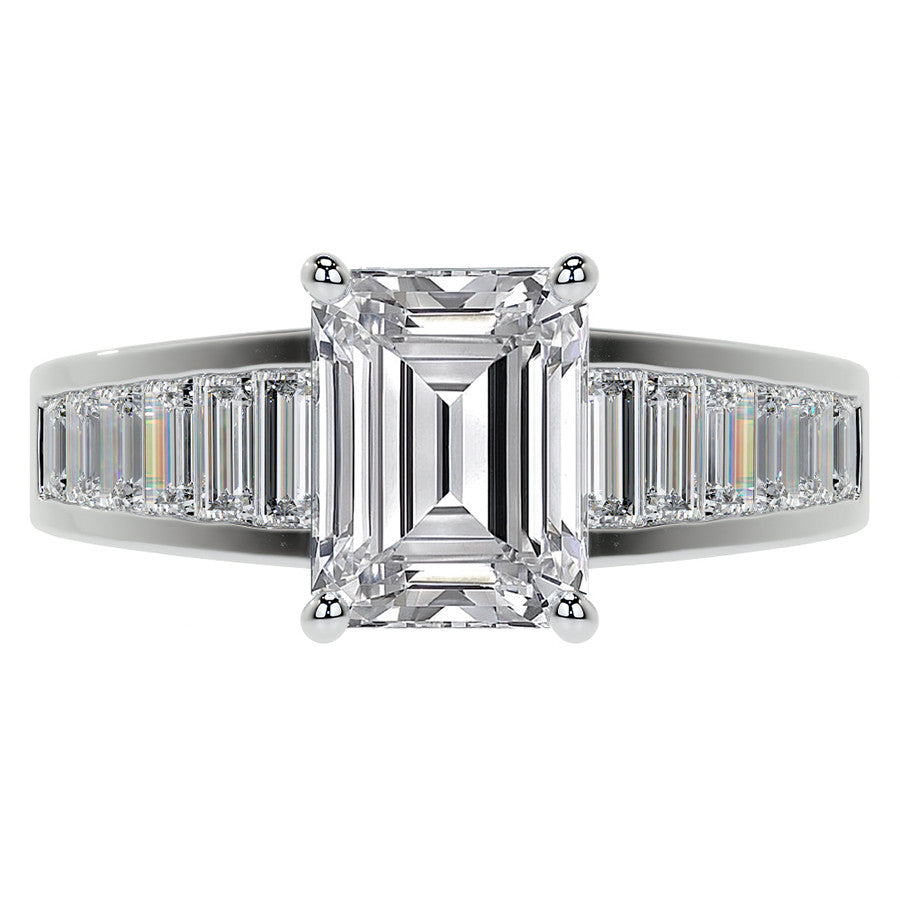 Emerald / Radiant Moissanite and Baguette Diamond Channel Engagement