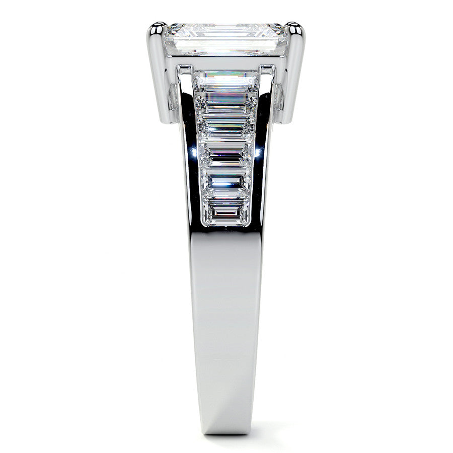 Emerald / Radiant Moissanite and Baguette Diamond Channel Engagement