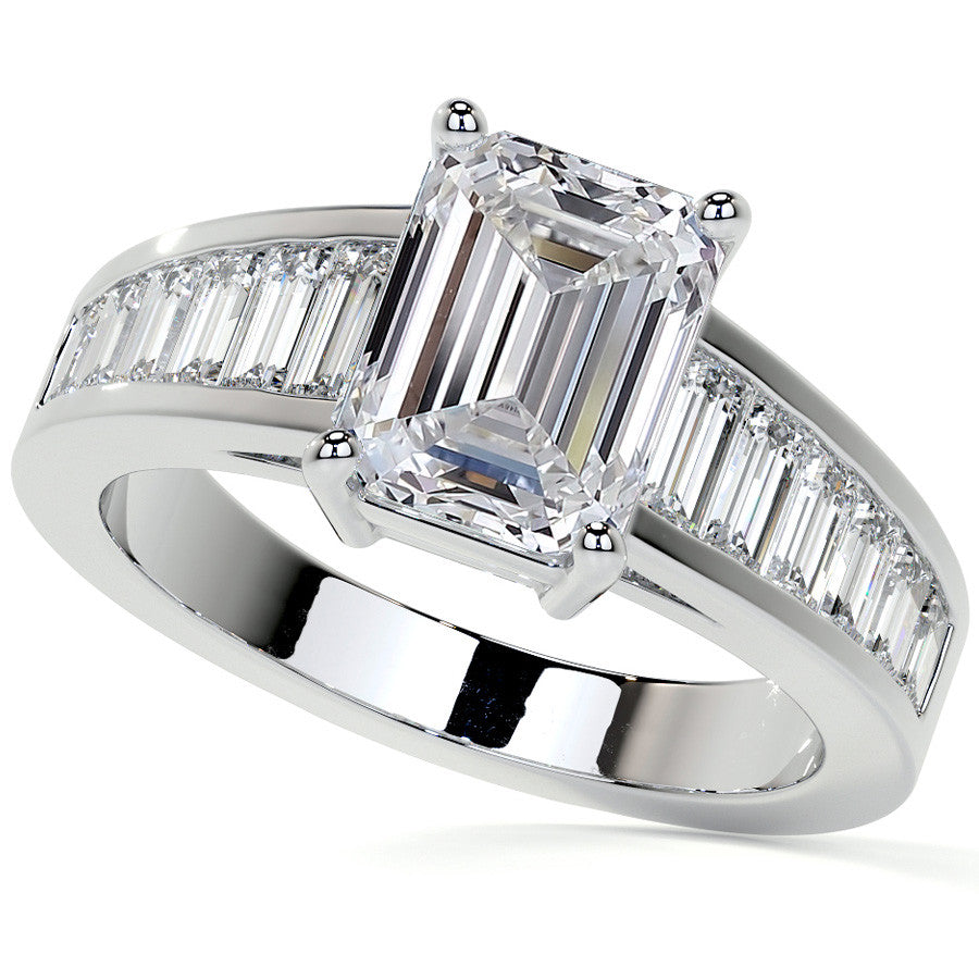 Emerald / Radiant Moissanite and Baguette Diamond Channel Engagement
