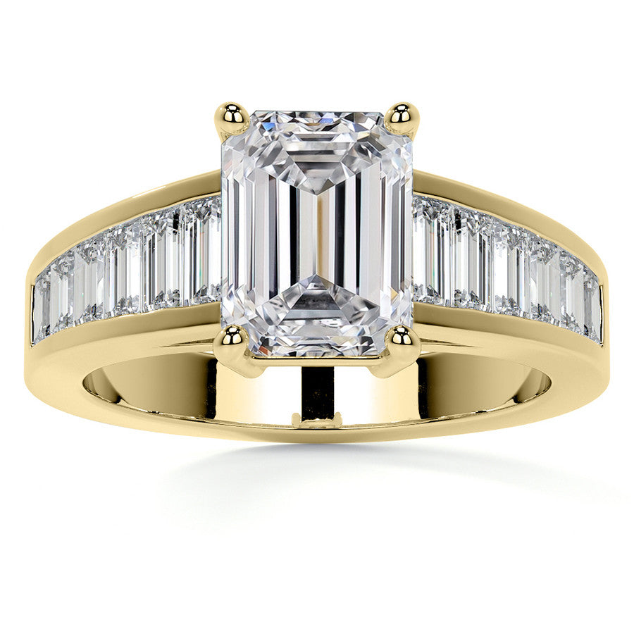 Emerald / Radiant Moissanite and Baguette Diamond Channel Engagement