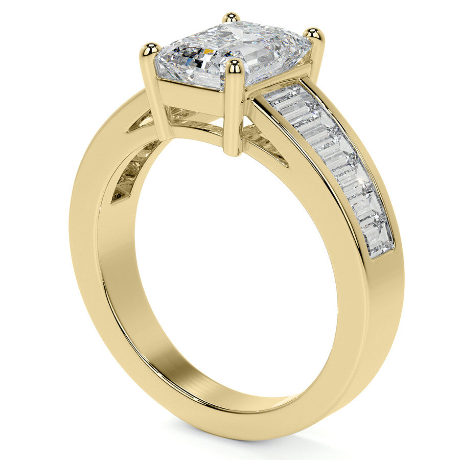 Emerald / Radiant Moissanite and Baguette Diamond Channel Engagement