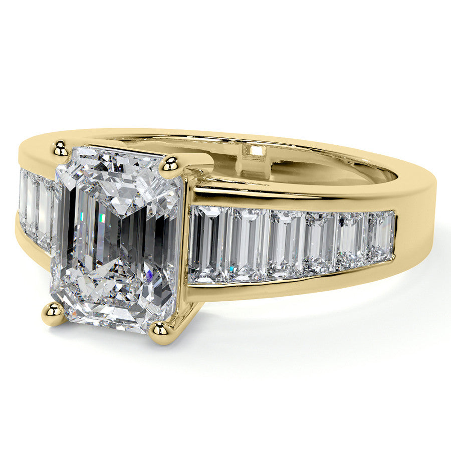 Emerald / Radiant Moissanite and Baguette Diamond Channel Engagement