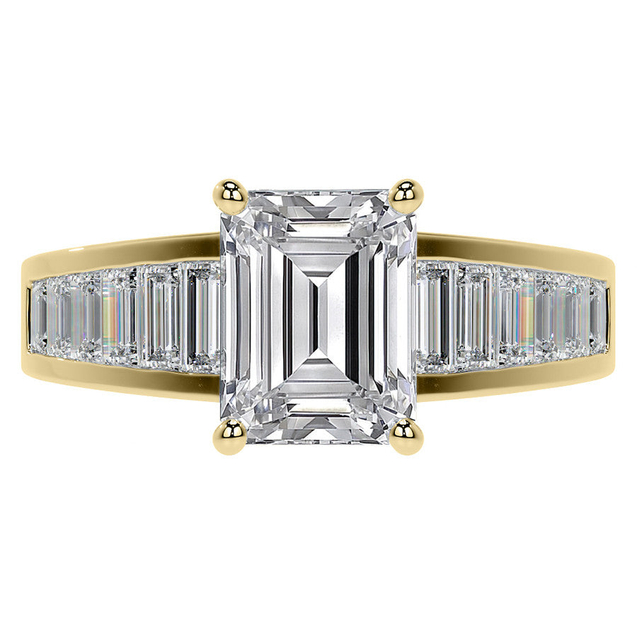 Emerald / Radiant Moissanite and Baguette Diamond Channel Engagement