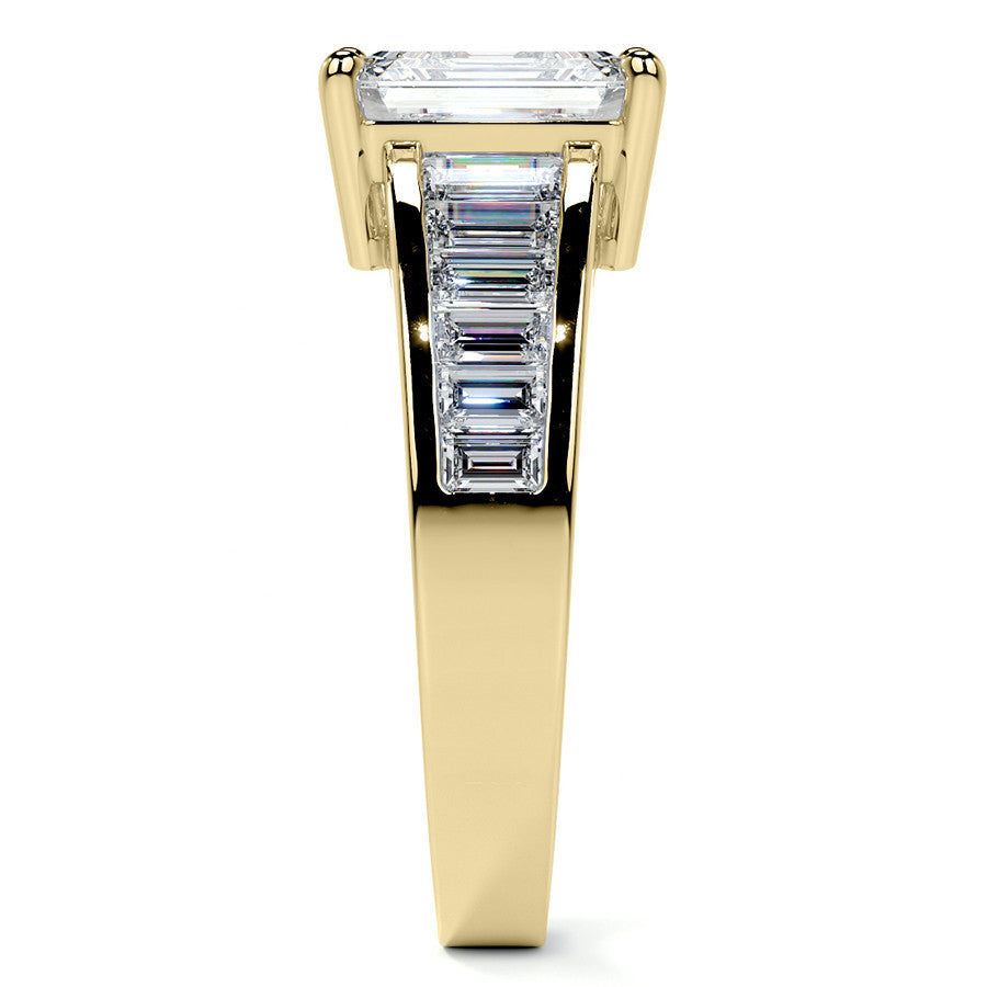 Emerald / Radiant Moissanite and Baguette Diamond Channel Engagement