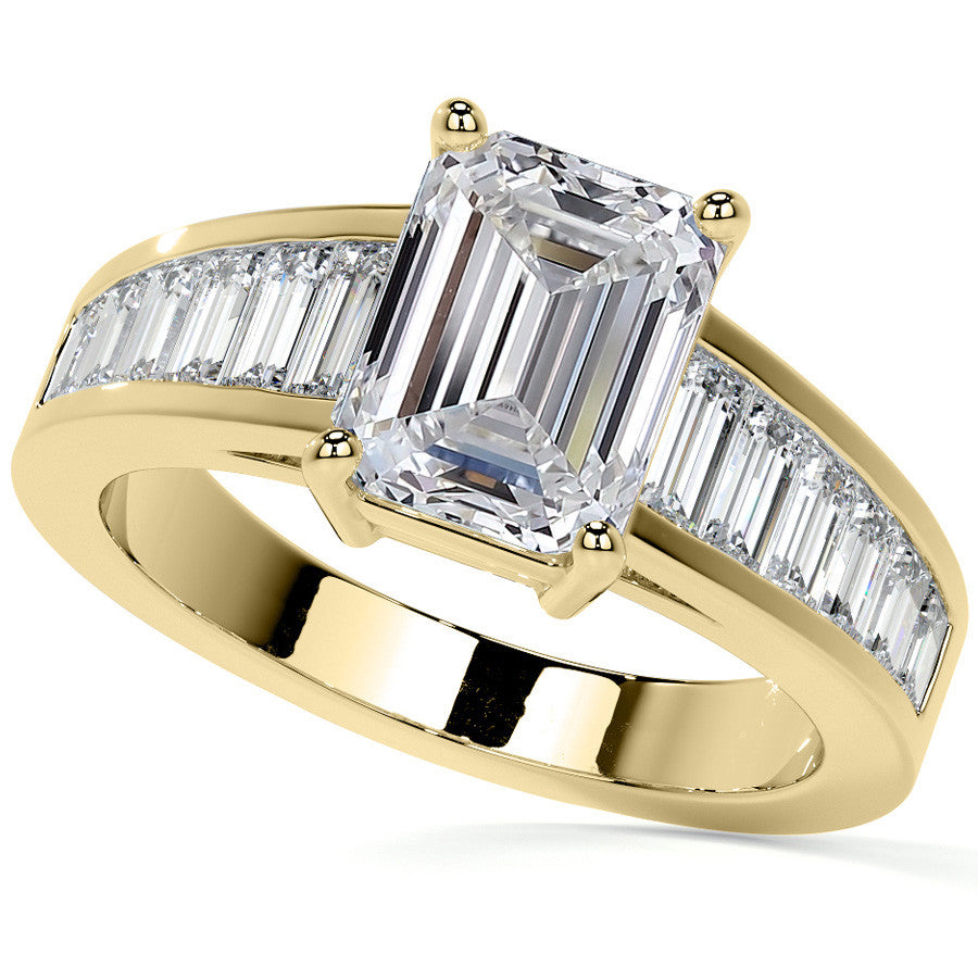 Emerald / Radiant Moissanite and Baguette Diamond Channel Engagement