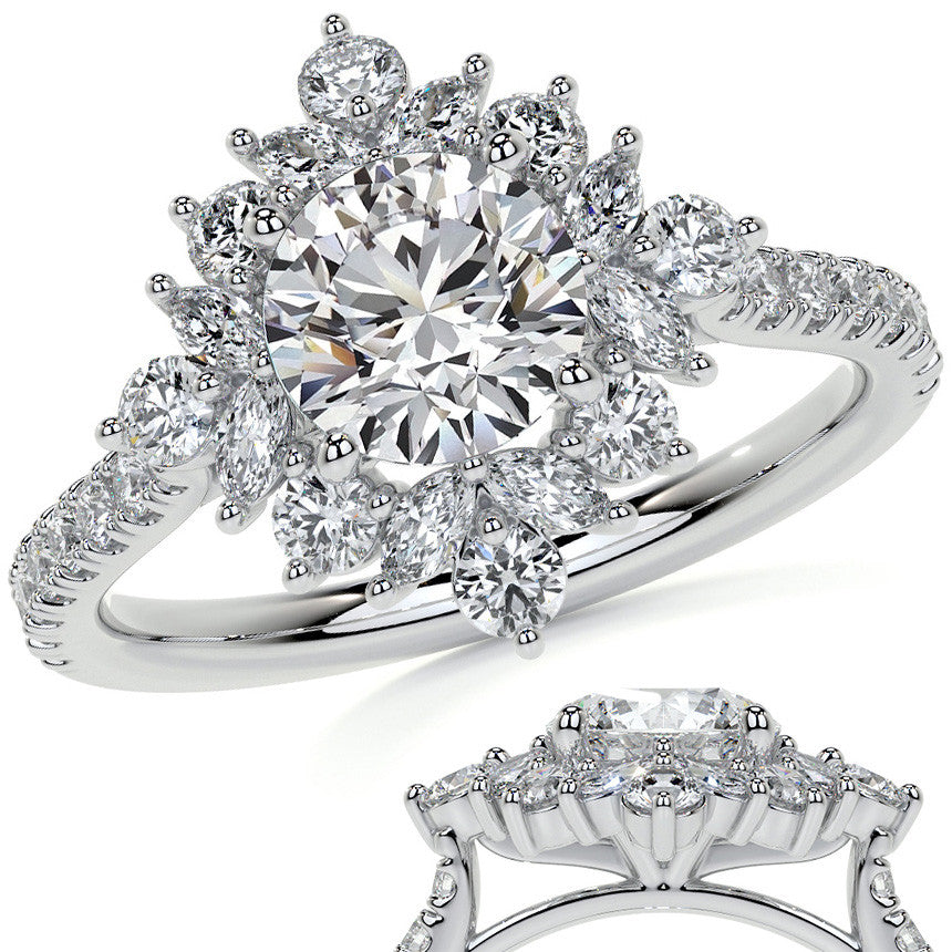 Round and Marquise Halo Moissanite Engagement Ring