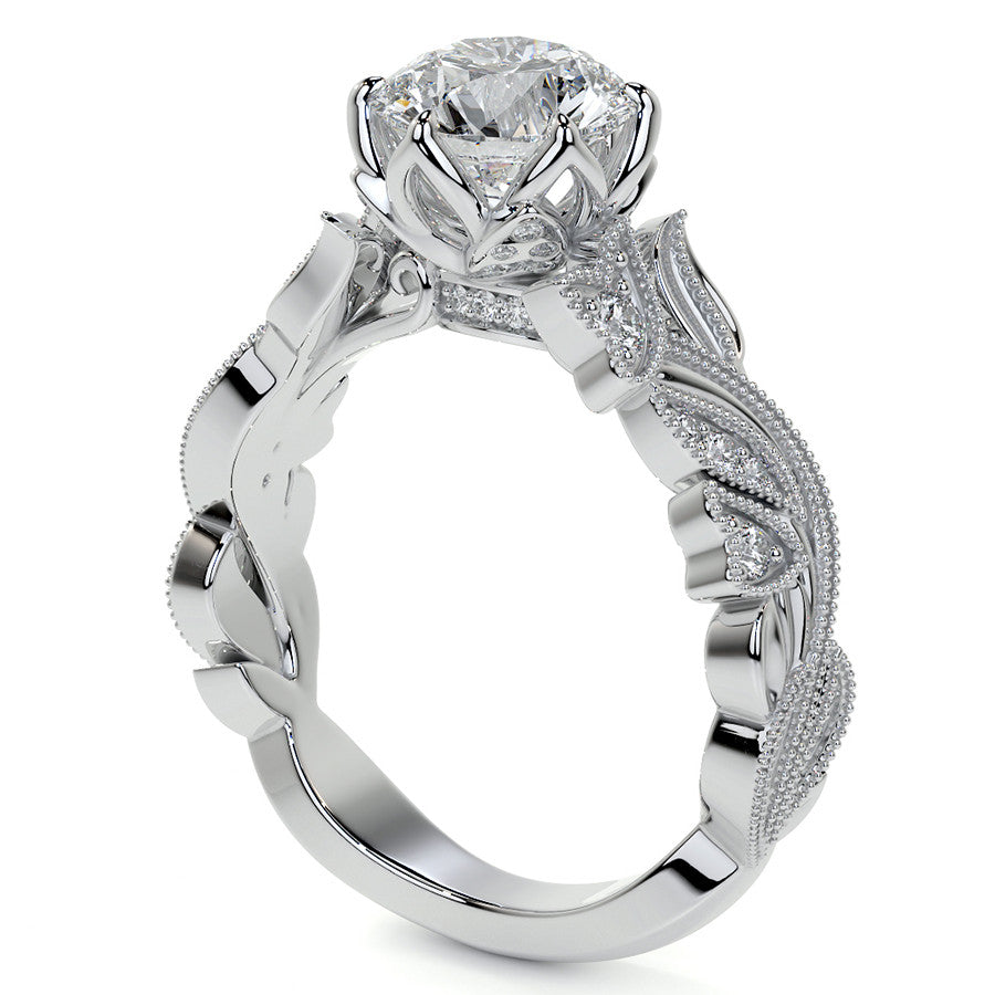 Round Floral Cathedral Moissanite Engagement Ring with Tulip Prong