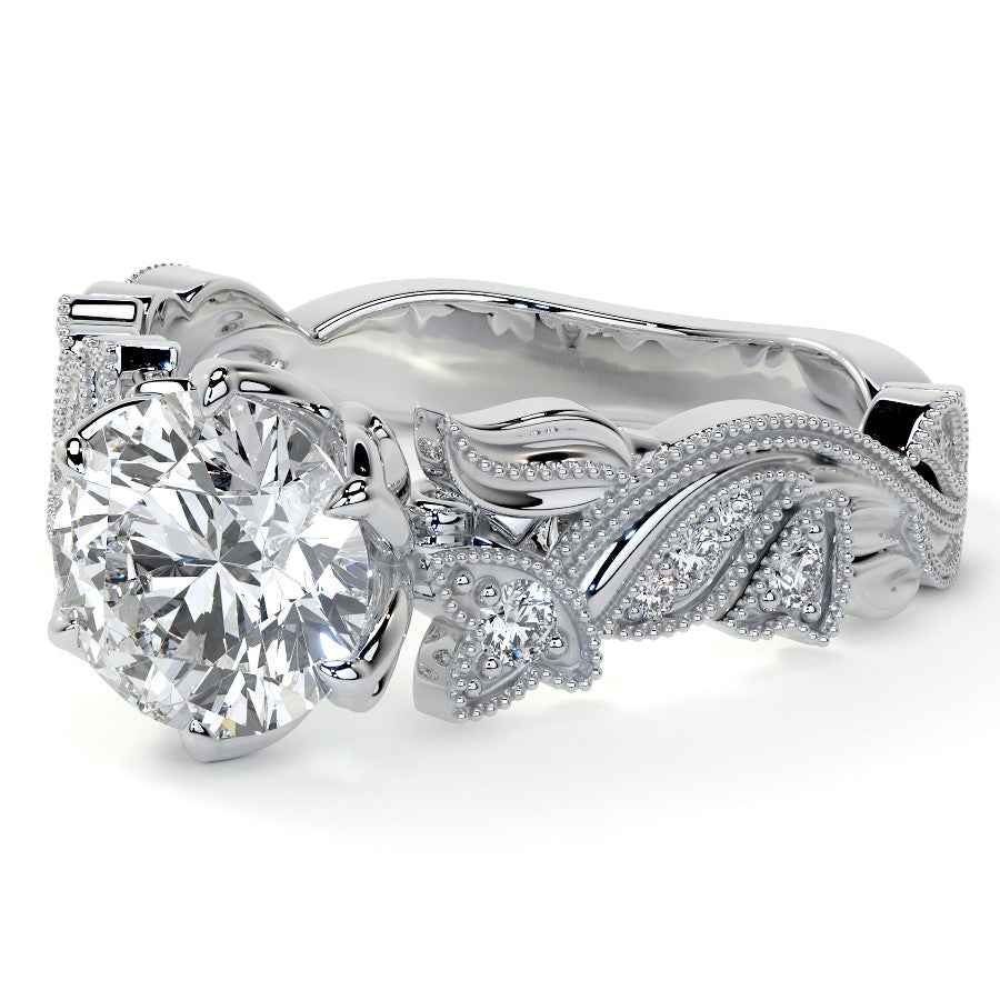 Round Floral Cathedral Moissanite Engagement Ring with Tulip Prong