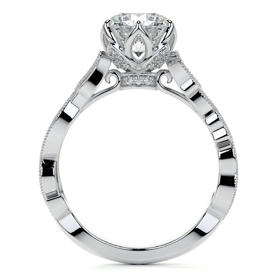 Round Floral Cathedral Moissanite Engagement Ring with Tulip Prong