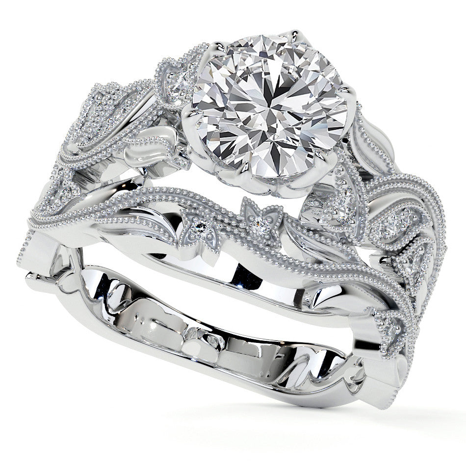 Round Floral Cathedral Moissanite Engagement Ring with Tulip Prong