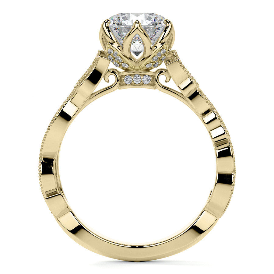 Round Floral Cathedral Moissanite Engagement Ring with Tulip Prong