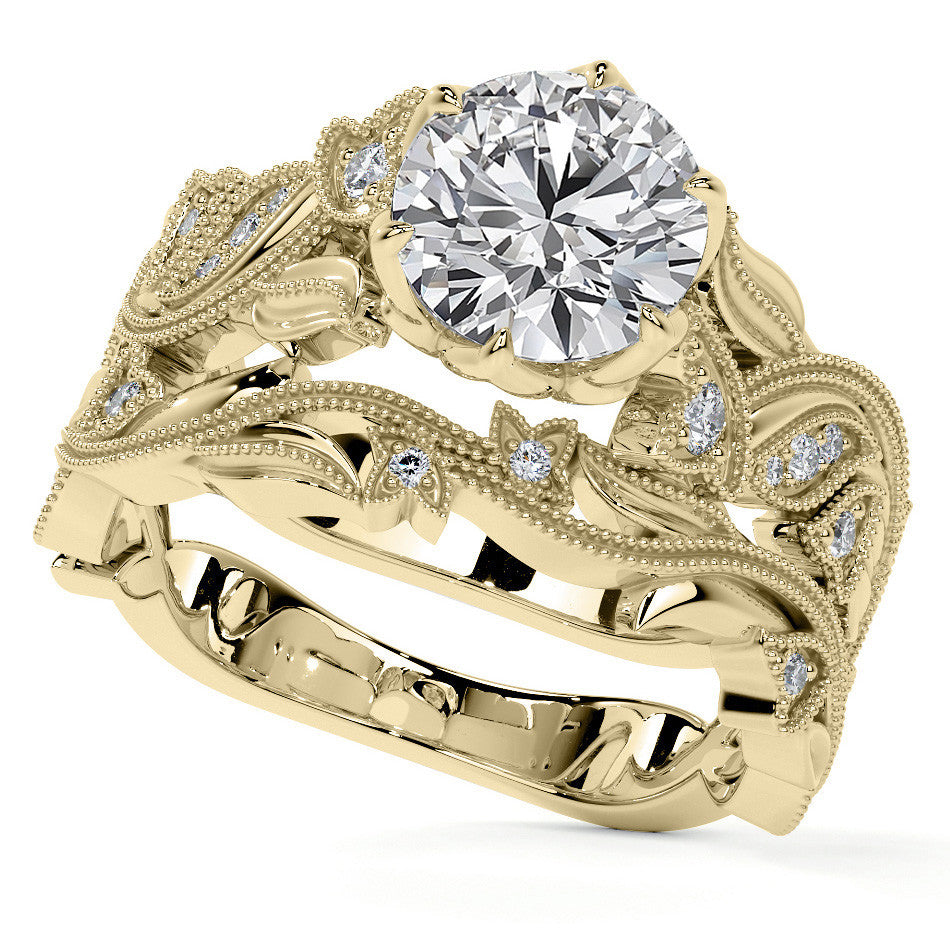 Round Floral Cathedral Moissanite Engagement Ring with Tulip Prong