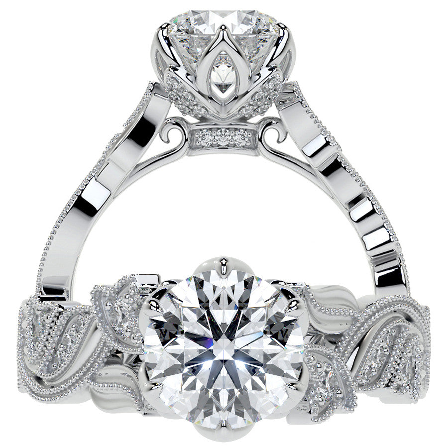 Round Floral Cathedral Moissanite Engagement Ring with Tulip Prong