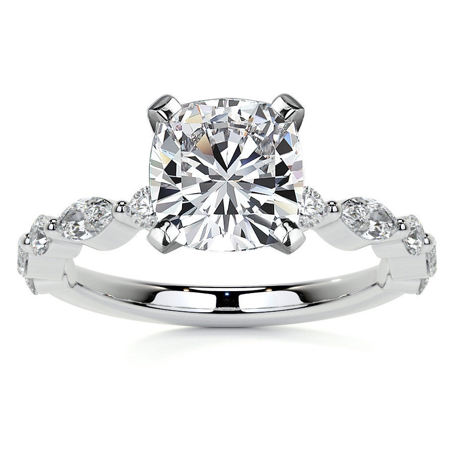 Marquise and Round Single Prong Scalloped Moissanite Engagement Ring