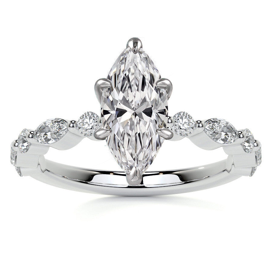 Marquise and Round Single Prong Scalloped Moissanite Engagement Ring