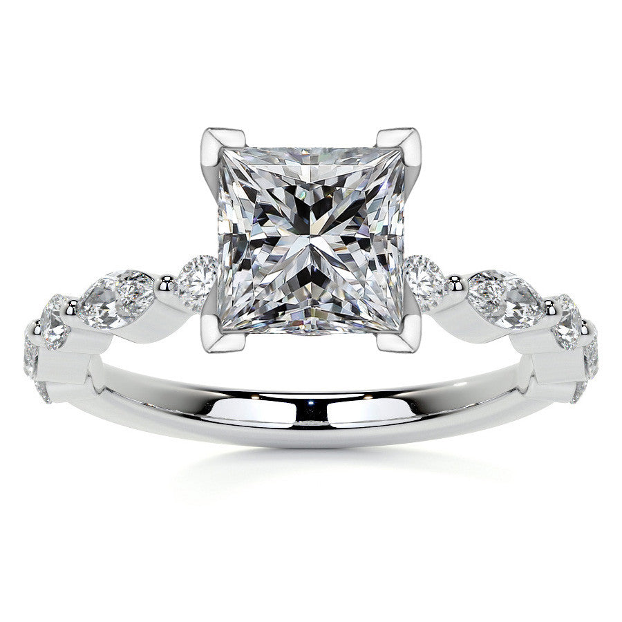 Marquise and Round Single Prong Scalloped Moissanite Engagement Ring
