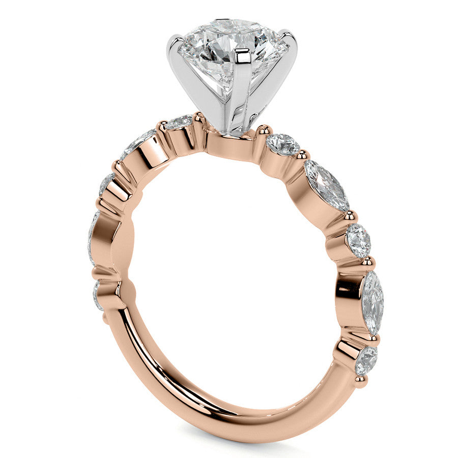 Marquise and Round Single Prong Scalloped Moissanite Engagement Ring