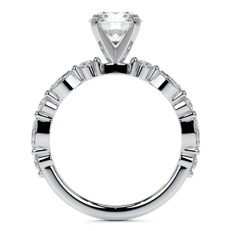 Marquise and Round Single Prong Scalloped Moissanite Engagement Ring