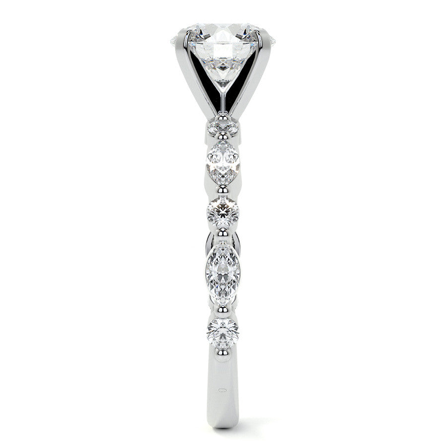 Marquise and Round Single Prong Scalloped Moissanite Engagement Ring