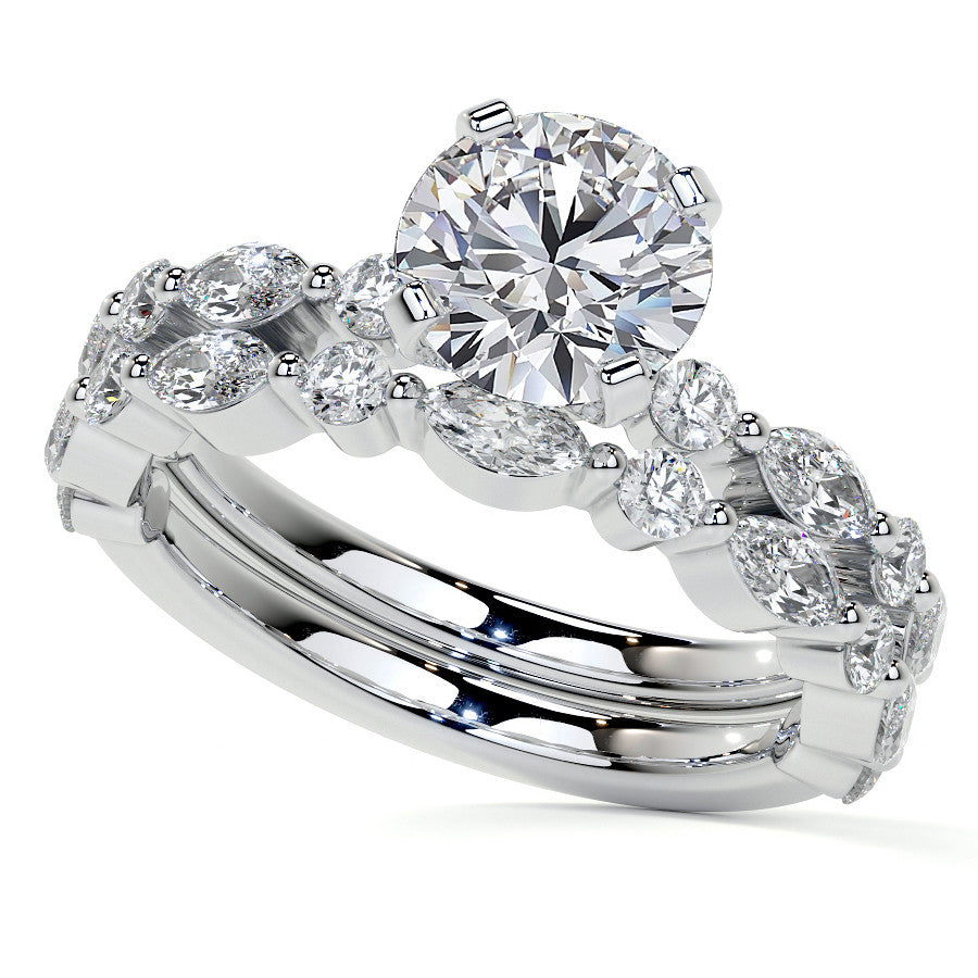 Marquise and Round Single Prong Scalloped Moissanite Engagement Ring