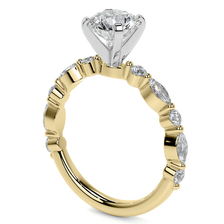 Marquise and Round Single Prong Scalloped Moissanite Engagement Ring