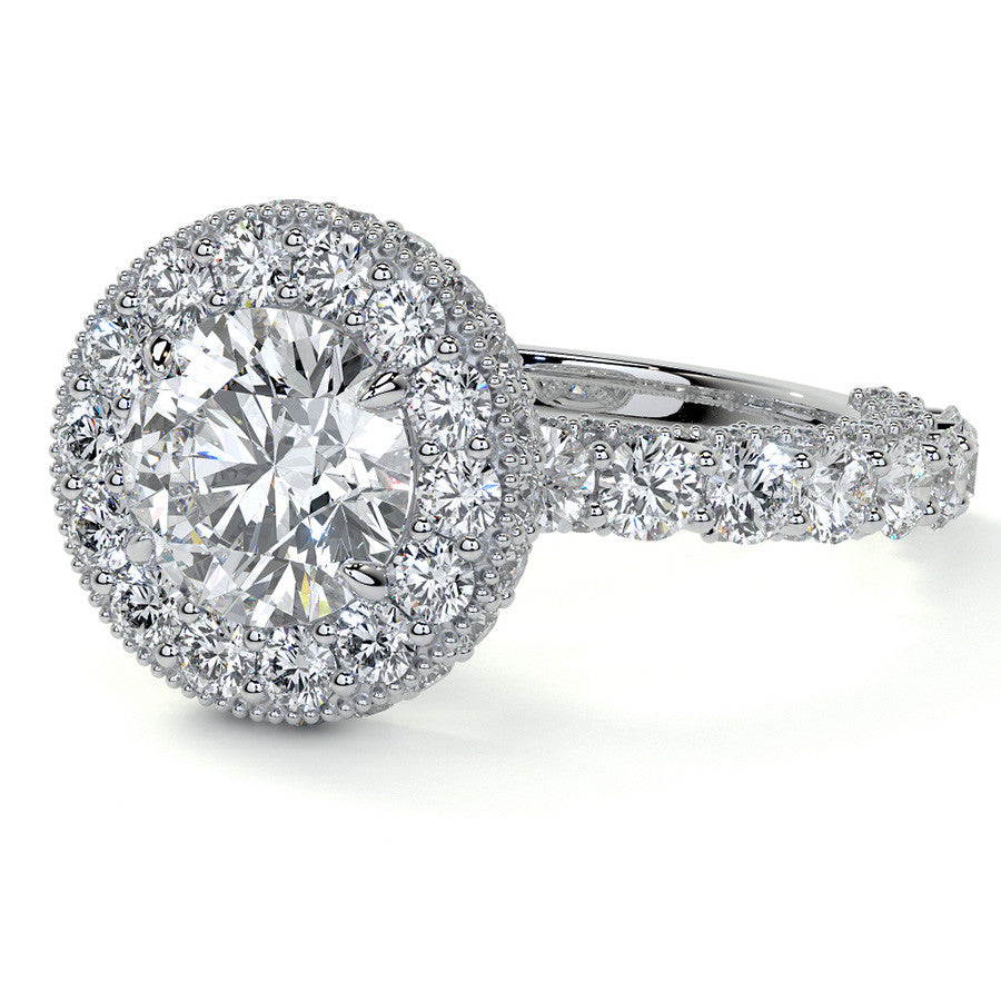 Round Bezel Pave Moissanite Engagement Ring with Milgrain