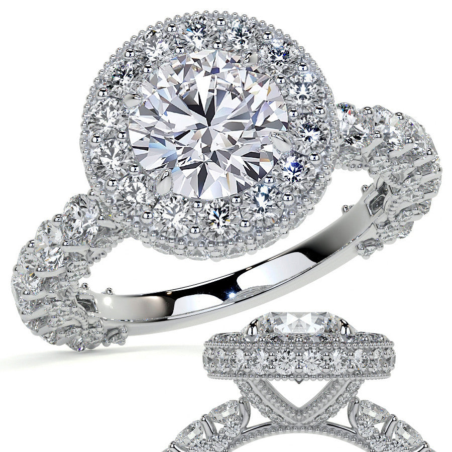 Round Bezel Pave Moissanite Engagement Ring with Milgrain