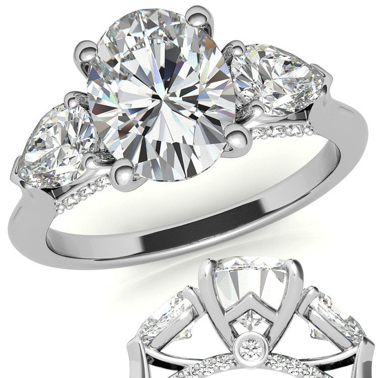 Oval and Pear 3-Stone Moissanite Cathedral Engagement Ring