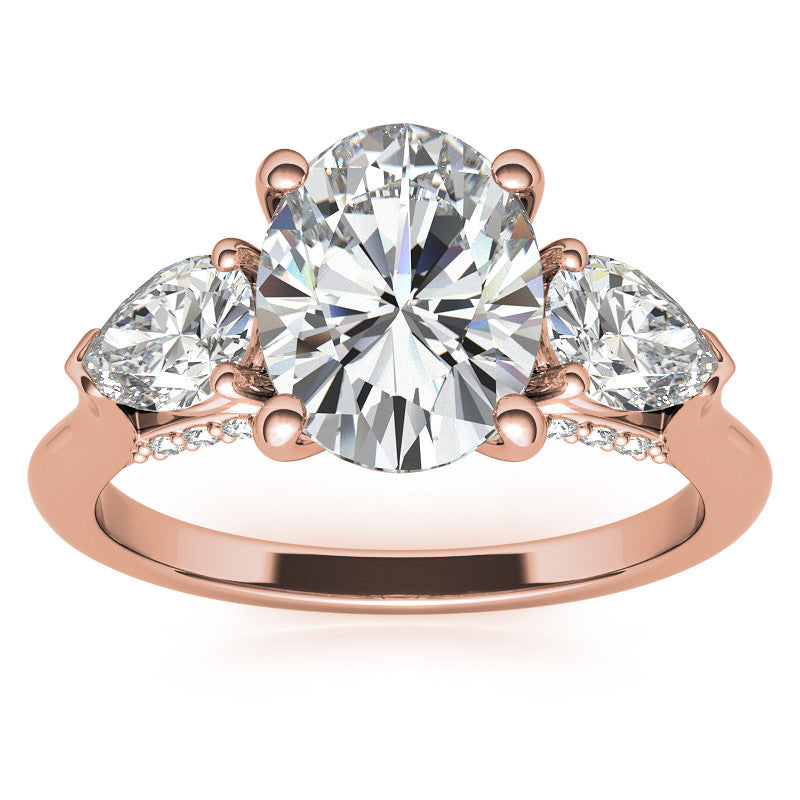 Oval and Pear 3-Stone Moissanite Cathedral Engagement Ring