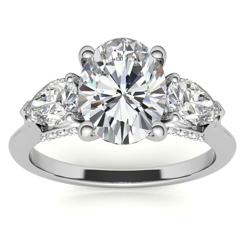 Oval and Pear 3-Stone Moissanite Cathedral Engagement Ring