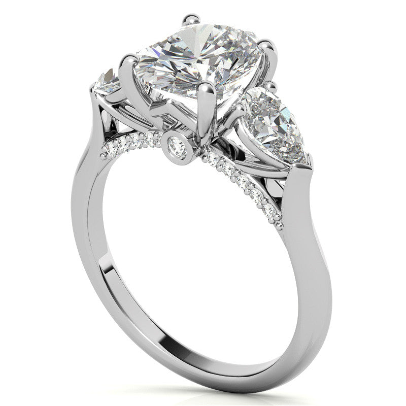 Oval and Pear 3-Stone Moissanite Cathedral Engagement Ring