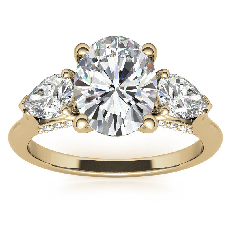 Oval and Pear 3-Stone Moissanite Cathedral Engagement Ring