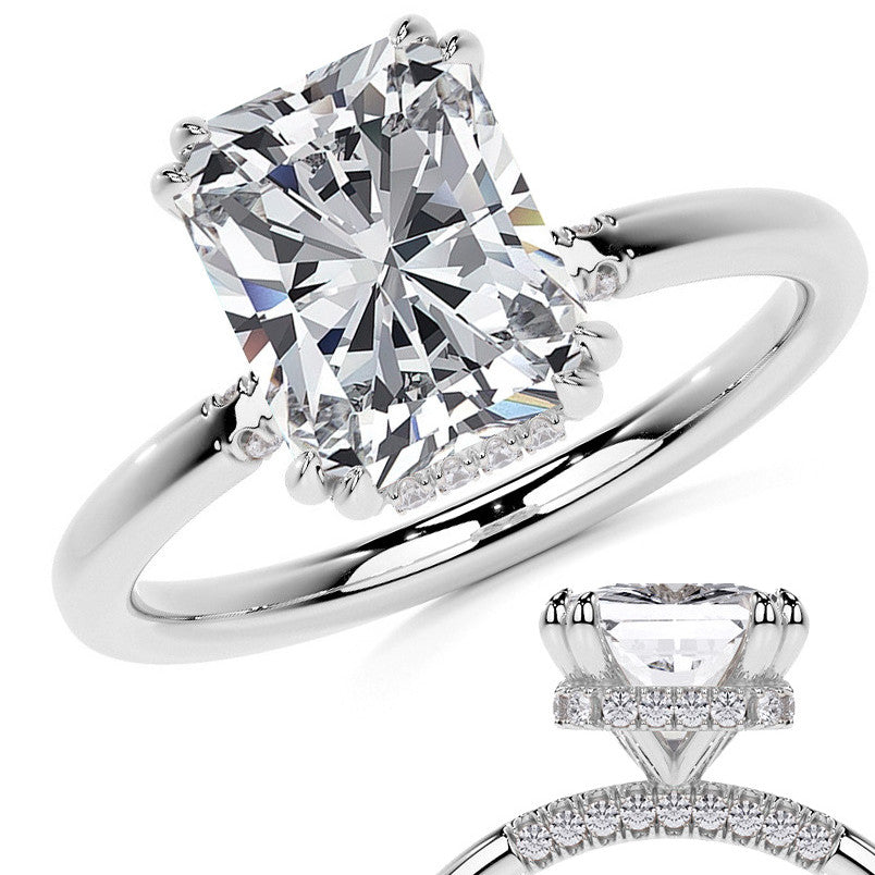 Double Prong Emerald / Radiant Moissanite Engagement Ring with Hidden Halo